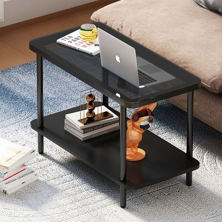 Modern Minimalist Rectangular Glass Iron Frame Side Table 2-Tier For Living Room