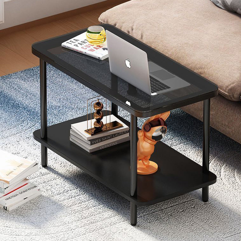Modern Minimalist Rectangular Glass Iron Frame Side Table 2-Tier For Living Room