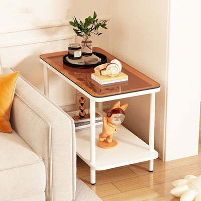 Modern Minimalist Rectangular Glass Iron Frame Side Table 2-Tier For Living Room