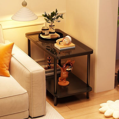 Modern Minimalist Rectangular Glass Iron Frame Side Table 2-Tier For Living Room