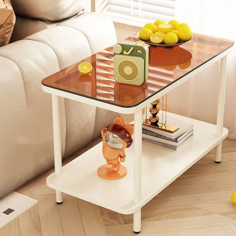 Modern Minimalist Rectangular Glass Iron Frame Side Table 2-Tier For Living Room