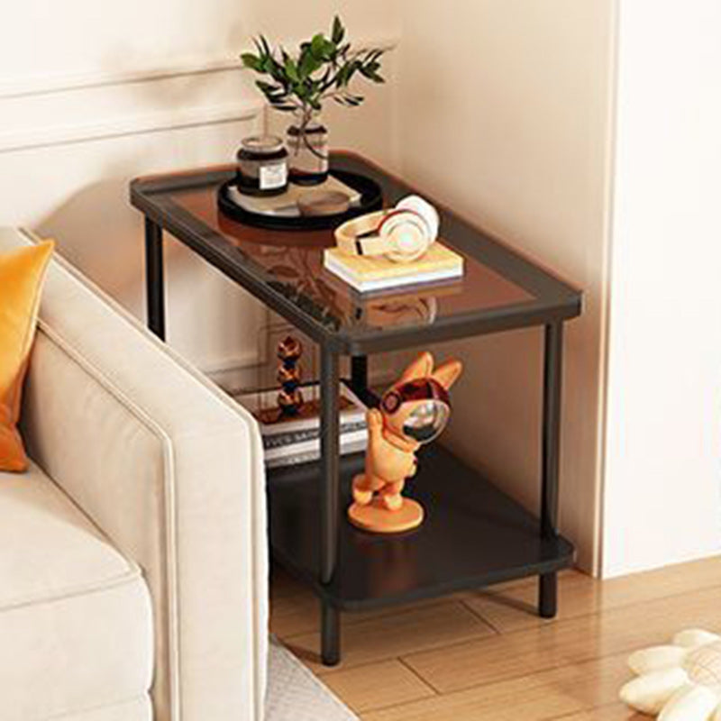 Modern Minimalist Rectangular Glass Iron Frame Side Table 2-Tier For Living Room