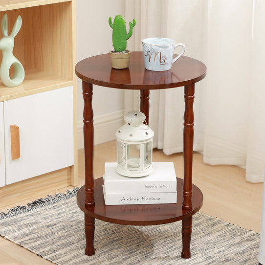 Mesa de café redonda tradicional europea de madera maciza de 2 niveles para sala de estar 