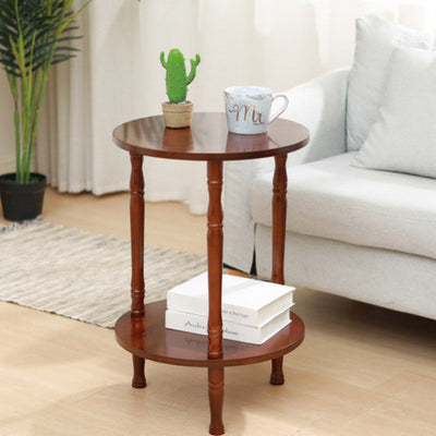 Mesa de café redonda tradicional europea de madera maciza de 2 niveles para sala de estar 