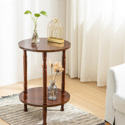 Mesa de café redonda tradicional europea de madera maciza de 2 niveles para sala de estar 