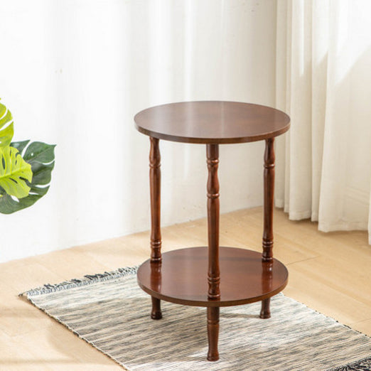 Mesa de café redonda tradicional europea de madera maciza de 2 niveles para sala de estar 