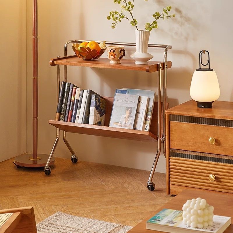 Moderner minimalistischer abnehmbarer rechteckiger Beistelltisch aus Kautschukholz und Eisen mit 1 Ablage und 1 Regal für das Wohnzimmer 