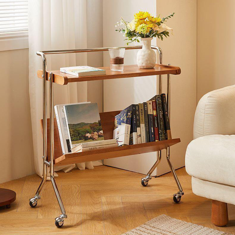 Moderner minimalistischer abnehmbarer rechteckiger Beistelltisch aus Kautschukholz und Eisen mit 1 Ablage und 1 Regal für das Wohnzimmer 