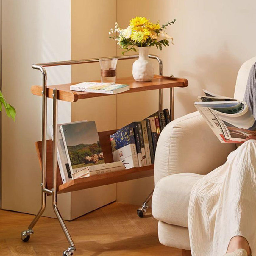 Moderner minimalistischer abnehmbarer rechteckiger Beistelltisch aus Kautschukholz und Eisen mit 1 Ablage und 1 Regal für das Wohnzimmer 
