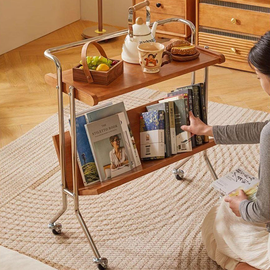 Moderner minimalistischer abnehmbarer rechteckiger Beistelltisch aus Kautschukholz und Eisen mit 1 Ablage und 1 Regal für das Wohnzimmer 