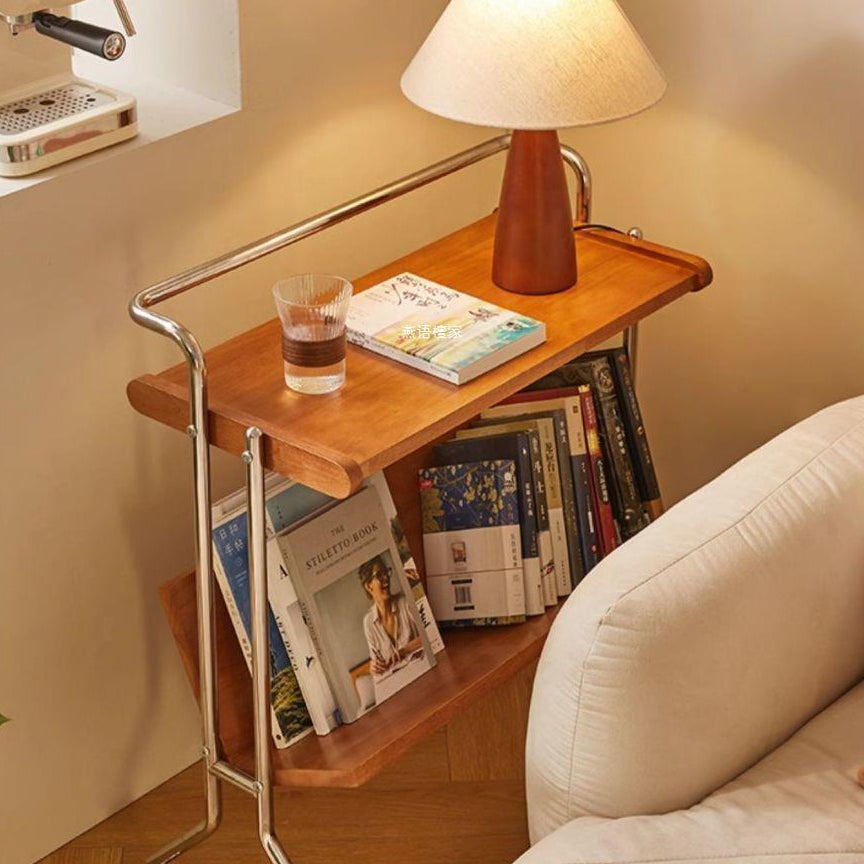 Moderner minimalistischer abnehmbarer rechteckiger Beistelltisch aus Kautschukholz und Eisen mit 1 Ablage und 1 Regal für das Wohnzimmer 