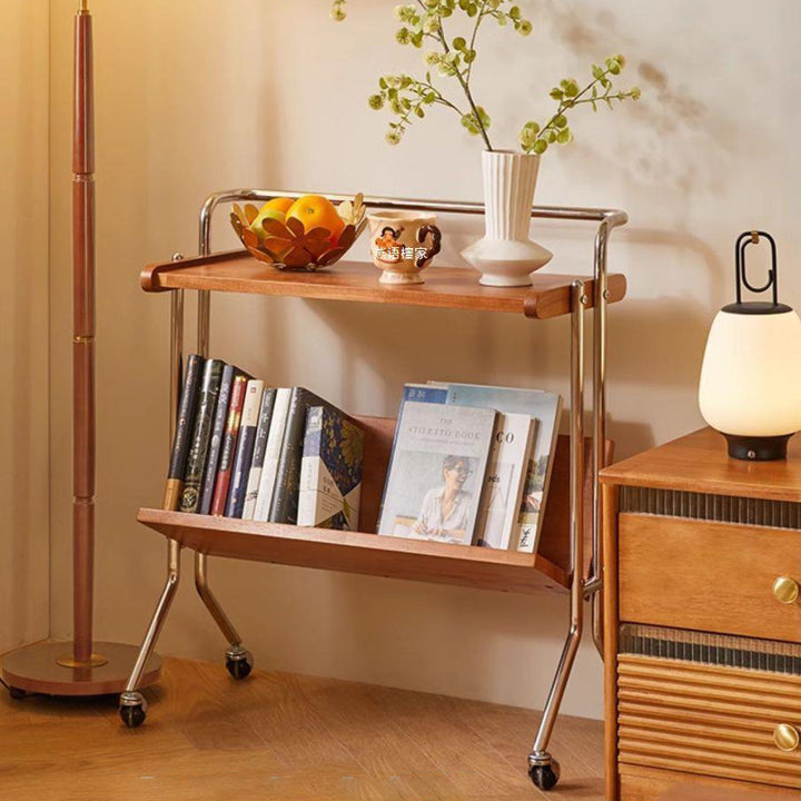 Moderner minimalistischer abnehmbarer rechteckiger Beistelltisch aus Kautschukholz und Eisen mit 1 Ablage und 1 Regal für das Wohnzimmer 