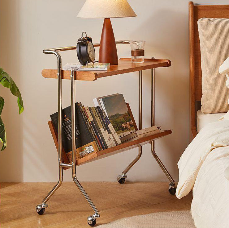 Moderner minimalistischer abnehmbarer rechteckiger Beistelltisch aus Kautschukholz und Eisen mit 1 Ablage und 1 Regal für das Wohnzimmer 