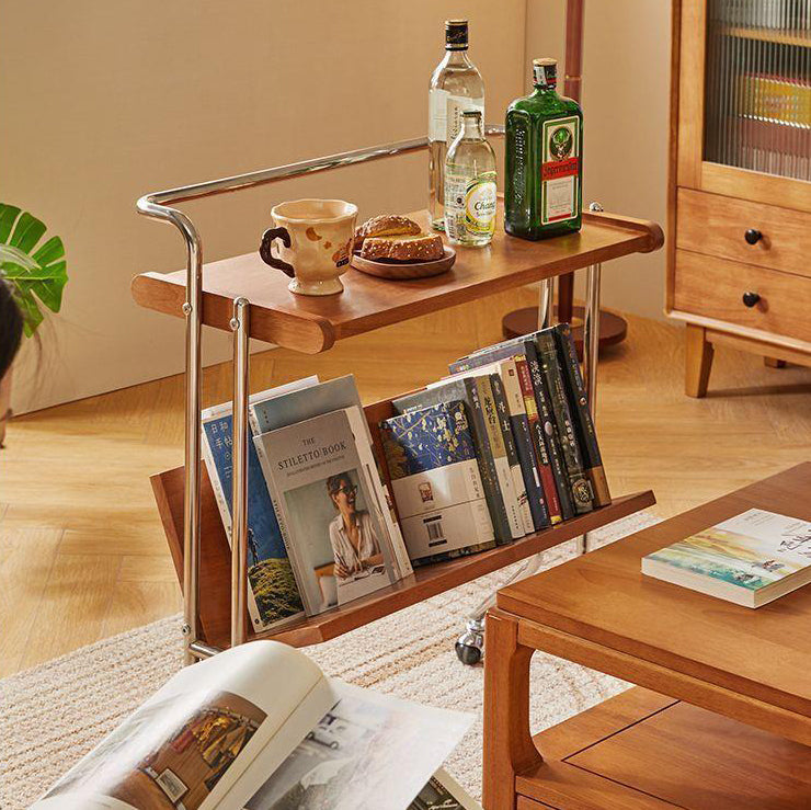 Moderner minimalistischer abnehmbarer rechteckiger Beistelltisch aus Kautschukholz und Eisen mit 1 Ablage und 1 Regal für das Wohnzimmer 