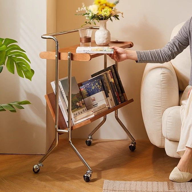 Moderner minimalistischer abnehmbarer rechteckiger Beistelltisch aus Kautschukholz und Eisen mit 1 Ablage und 1 Regal für das Wohnzimmer 