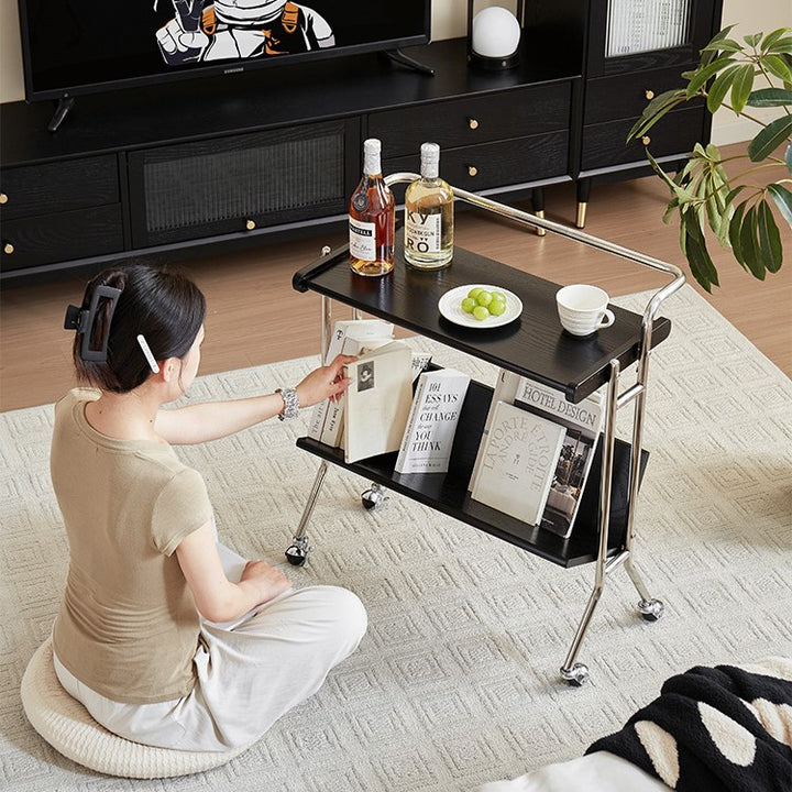 Moderner minimalistischer abnehmbarer rechteckiger Beistelltisch aus Kautschukholz und Eisen mit 1 Ablage und 1 Regal für das Wohnzimmer 
