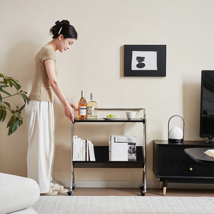 Moderner minimalistischer abnehmbarer rechteckiger Beistelltisch aus Kautschukholz und Eisen mit 1 Ablage und 1 Regal für das Wohnzimmer 