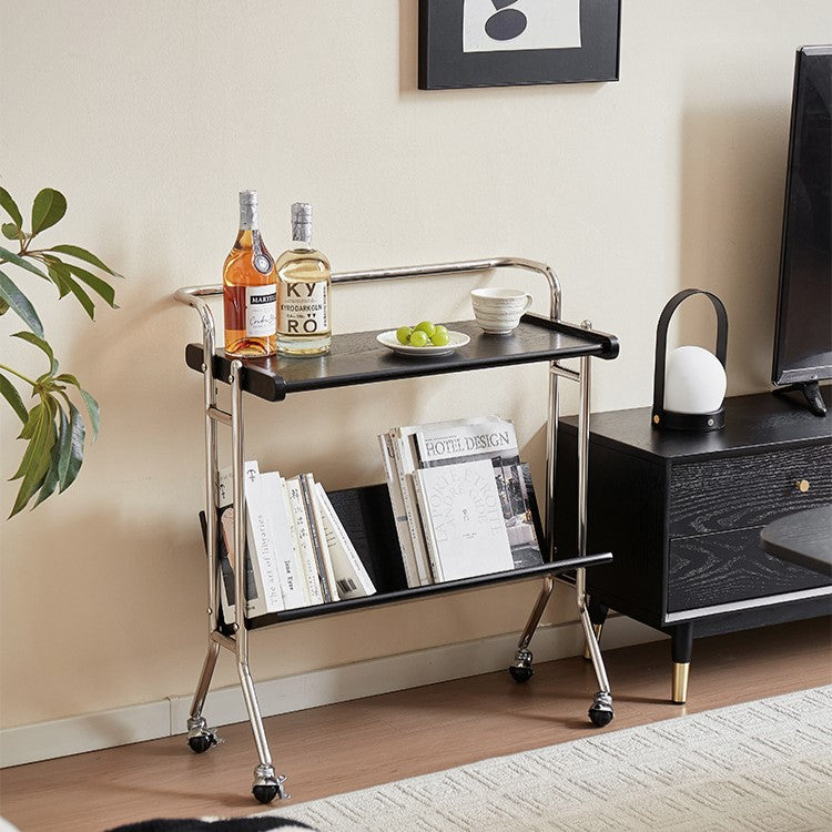 Moderner minimalistischer abnehmbarer rechteckiger Beistelltisch aus Kautschukholz und Eisen mit 1 Ablage und 1 Regal für das Wohnzimmer 