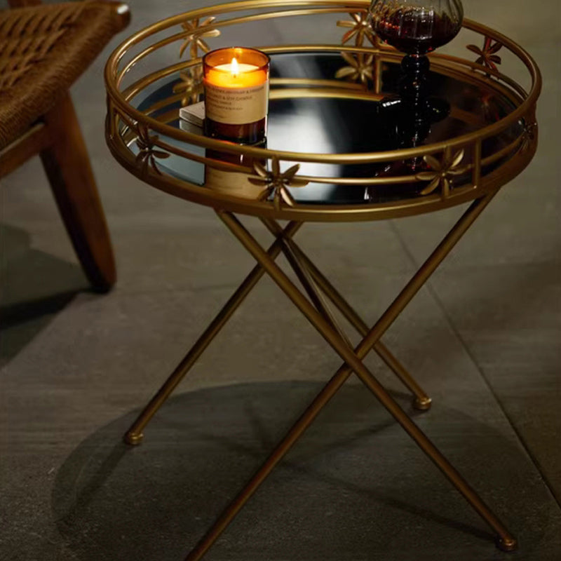 Contemporary Retro Round Iron Frame Glass End Table For Living Room