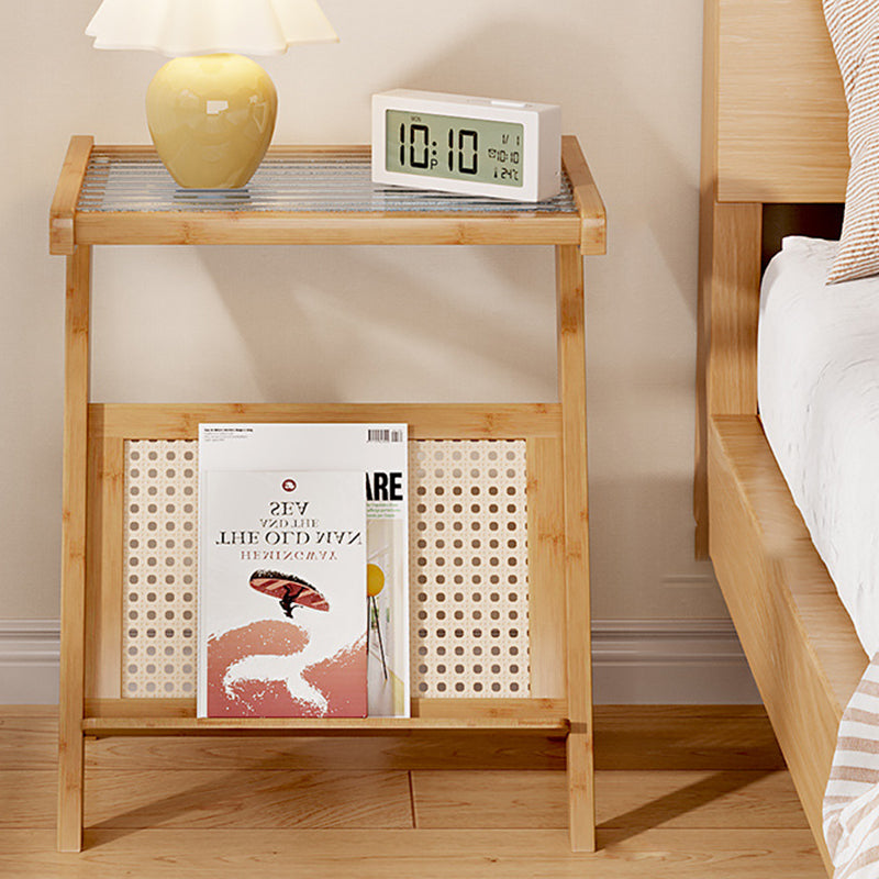 Mesa auxiliar de cristal con forma de L rectangular moderna y minimalista de plástico, ratán y nan bambú para sala de estar 