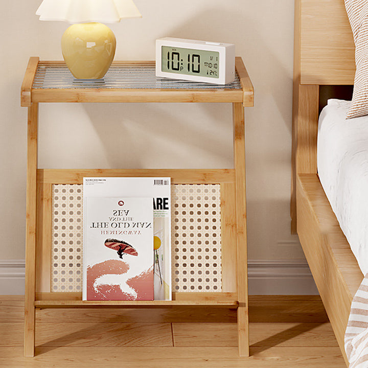 Mesa auxiliar de cristal con forma de L rectangular moderna y minimalista de plástico, ratán y nan bambú para sala de estar 