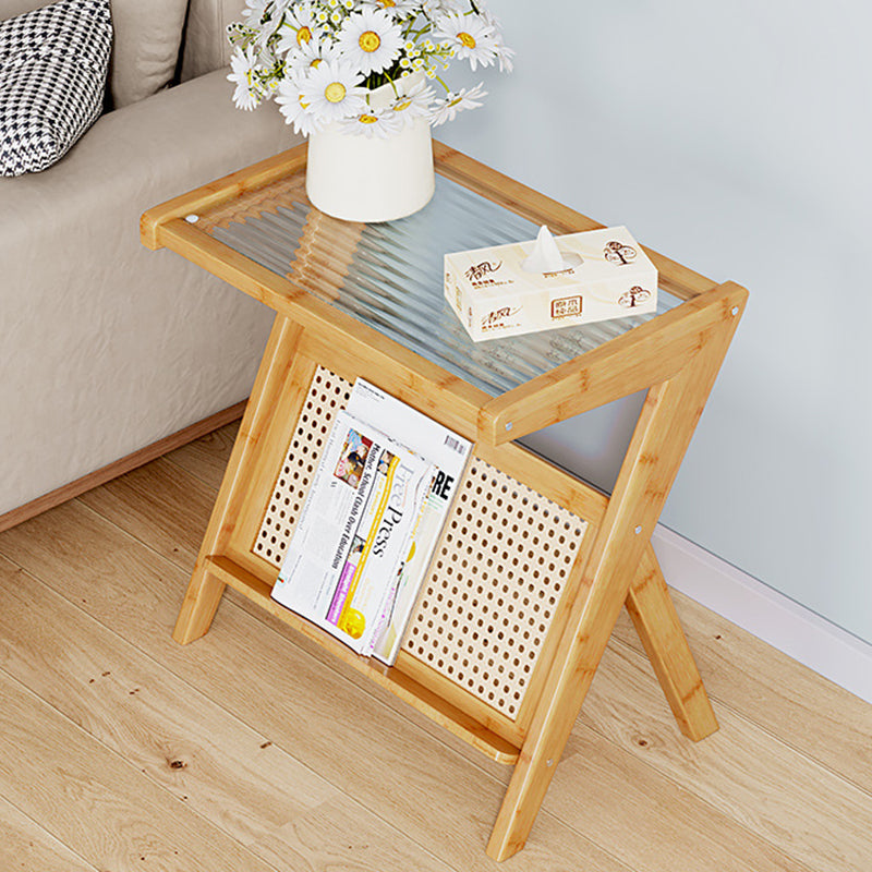 Mesa auxiliar de cristal con forma de L rectangular moderna y minimalista de plástico, ratán y nan bambú para sala de estar 