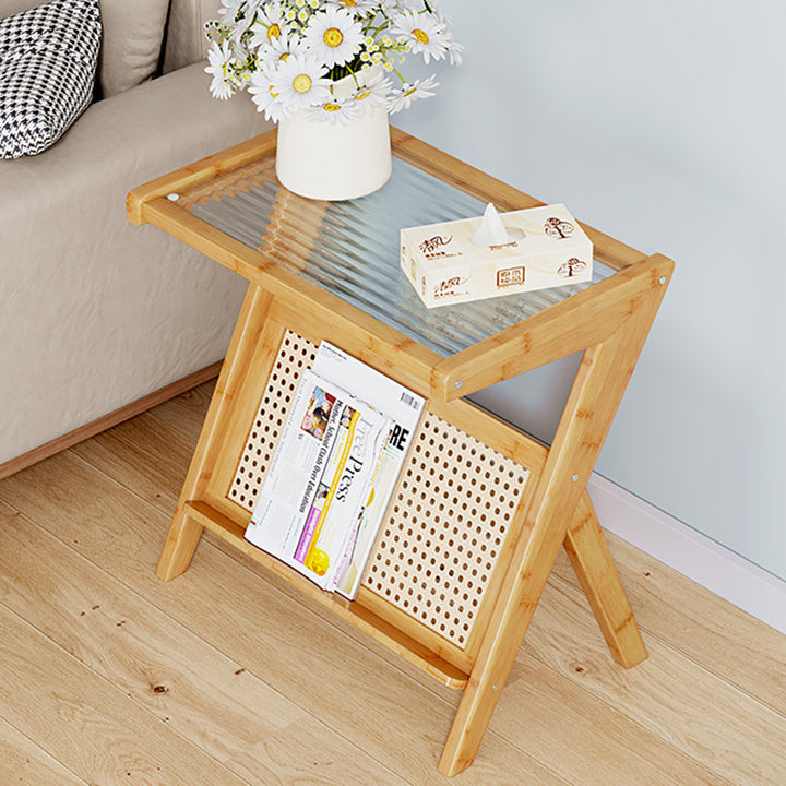 Mesa auxiliar de cristal con forma de L rectangular moderna y minimalista de plástico, ratán y nan bambú para sala de estar 