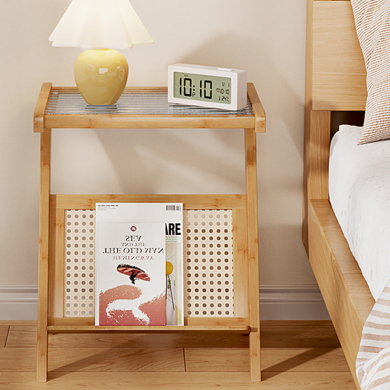 Mesa auxiliar de cristal con forma de L rectangular moderna y minimalista de plástico, ratán y nan bambú para sala de estar 