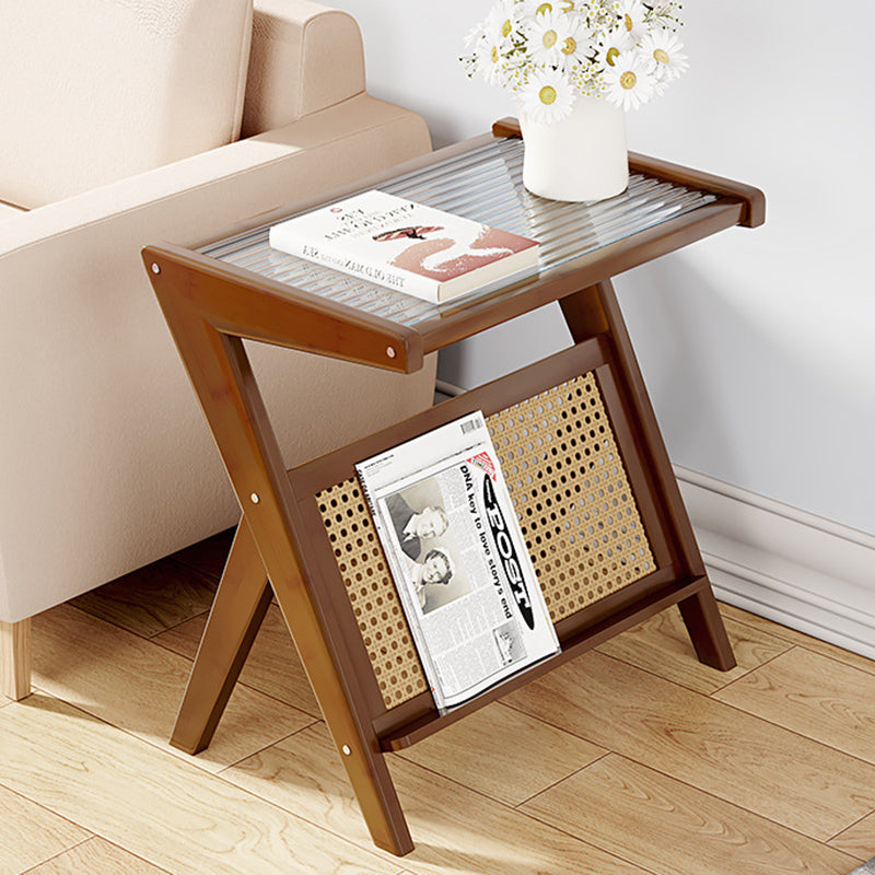 Mesa auxiliar de cristal con forma de L rectangular moderna y minimalista de plástico, ratán y nan bambú para sala de estar 
