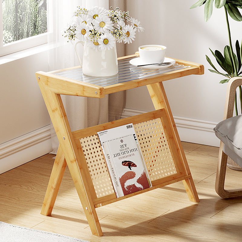 Mesa auxiliar de cristal con forma de L rectangular moderna y minimalista de plástico, ratán y nan bambú para sala de estar 