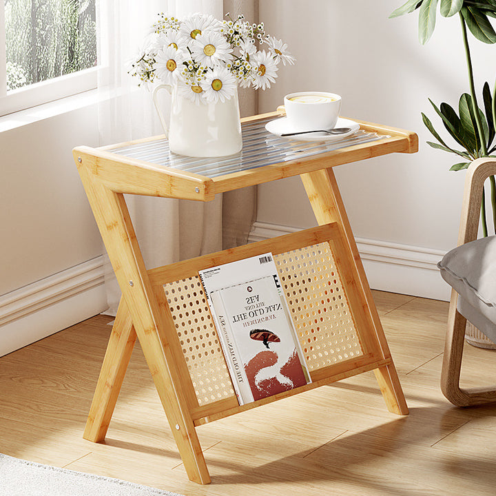 Mesa auxiliar de cristal con forma de L rectangular moderna y minimalista de plástico, ratán y nan bambú para sala de estar 