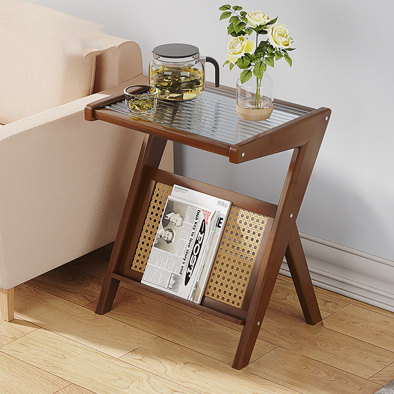 Mesa auxiliar de cristal con forma de L rectangular moderna y minimalista de plástico, ratán y nan bambú para sala de estar 