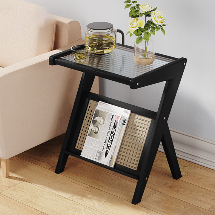 Mesa auxiliar de cristal con forma de L rectangular moderna y minimalista de plástico, ratán y nan bambú para sala de estar 