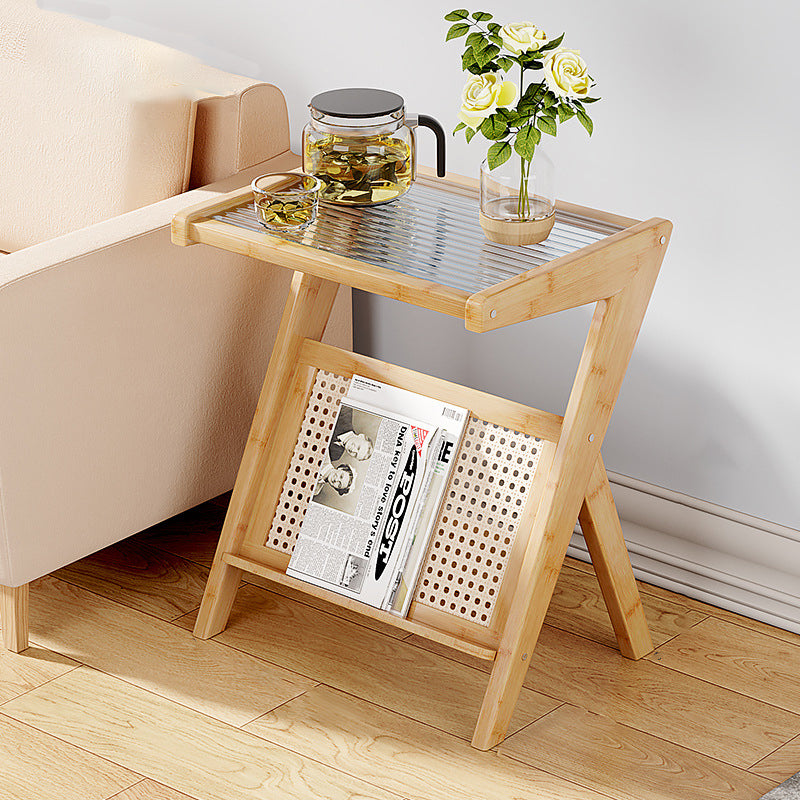 Mesa auxiliar de cristal con forma de L rectangular moderna y minimalista de plástico, ratán y nan bambú para sala de estar 