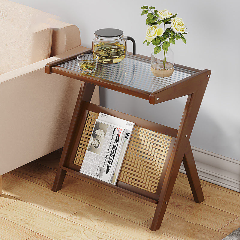 Mesa auxiliar de cristal con forma de L rectangular moderna y minimalista de plástico, ratán y nan bambú para sala de estar 