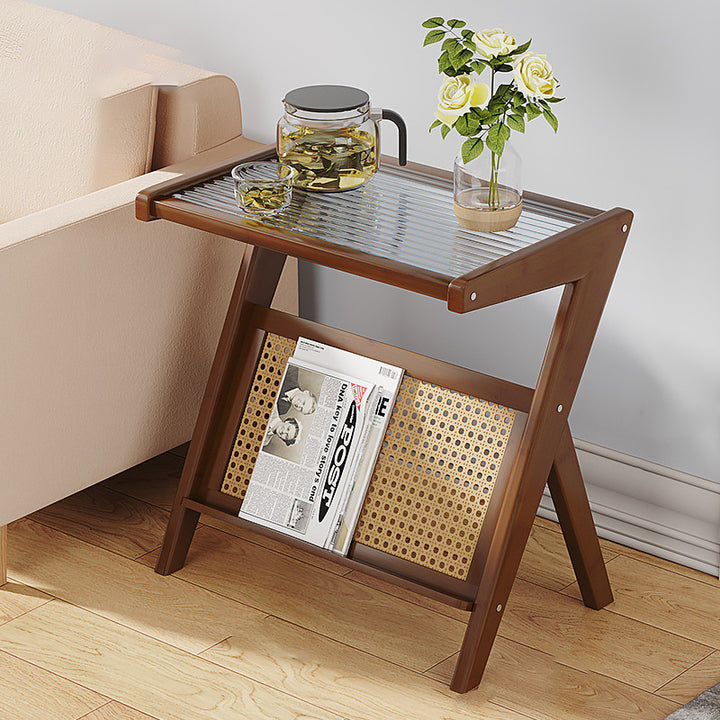 Mesa auxiliar de cristal con forma de L rectangular moderna y minimalista de plástico, ratán y nan bambú para sala de estar 