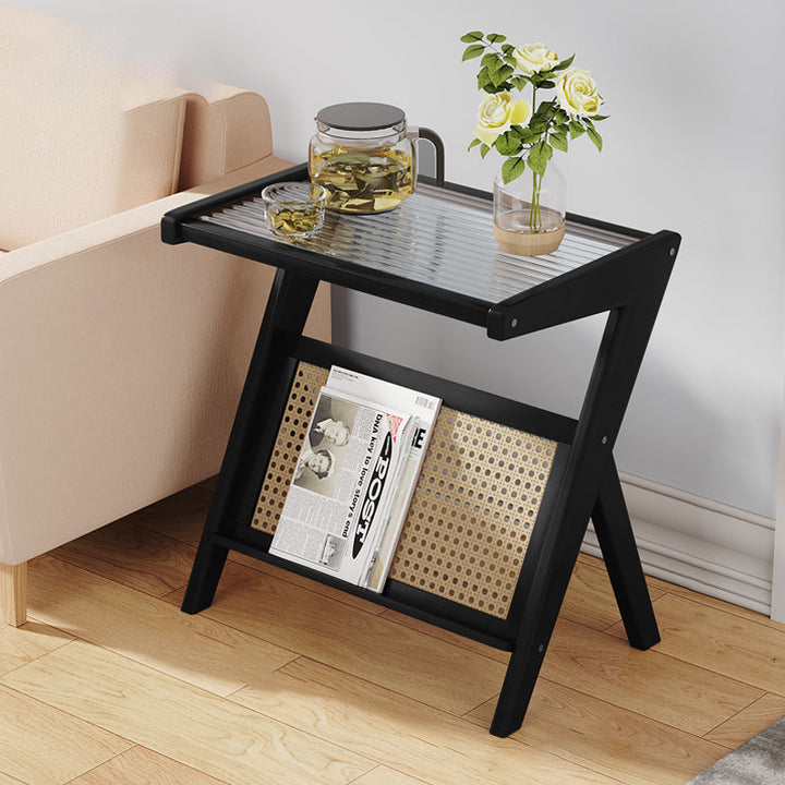 Mesa auxiliar de cristal con forma de L rectangular moderna y minimalista de plástico, ratán y nan bambú para sala de estar 