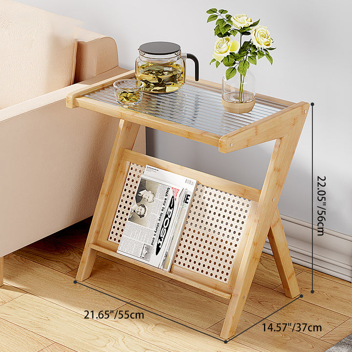 Mesa auxiliar de cristal con forma de L rectangular moderna y minimalista de plástico, ratán y nan bambú para sala de estar 