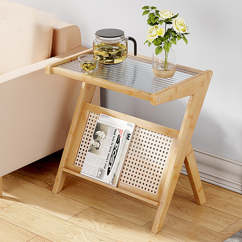 Mesa auxiliar de cristal con forma de L rectangular moderna y minimalista de plástico, ratán y nan bambú para sala de estar 