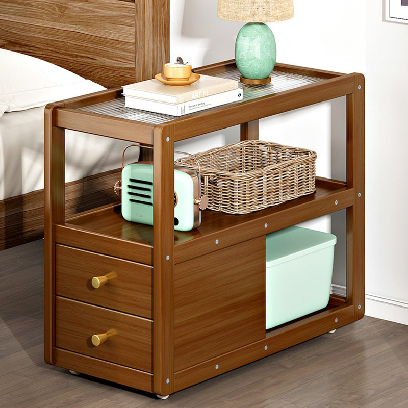 Modern Minimalist Removable Rectangular Glass Nan Bamboo Density Board End Table 3-Tier 2-Drawer For Living Room