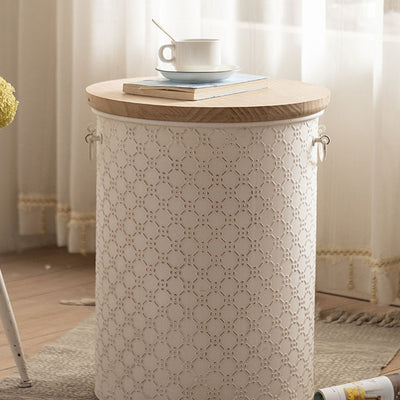 Contemporary Nordic Round Cylinder Iron Frame Pine End Table For Living Room