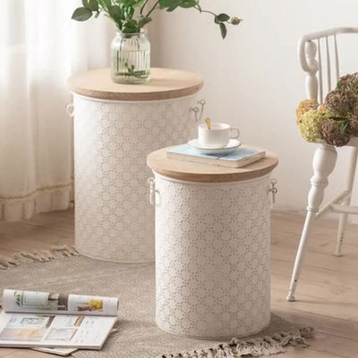 Contemporary Nordic Round Cylinder Iron Frame Pine End Table For Living Room