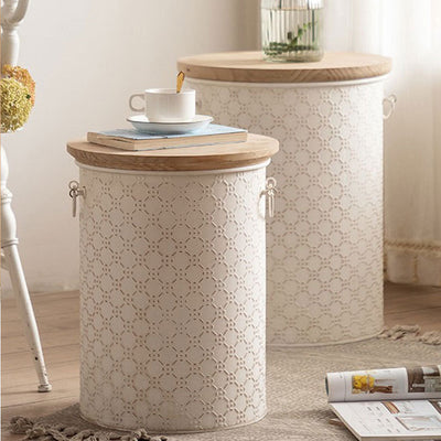 Contemporary Nordic Round Cylinder Iron Frame Pine End Table For Living Room