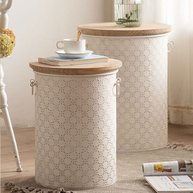 Contemporary Nordic Round Cylinder Iron Frame Pine End Table For Living Room