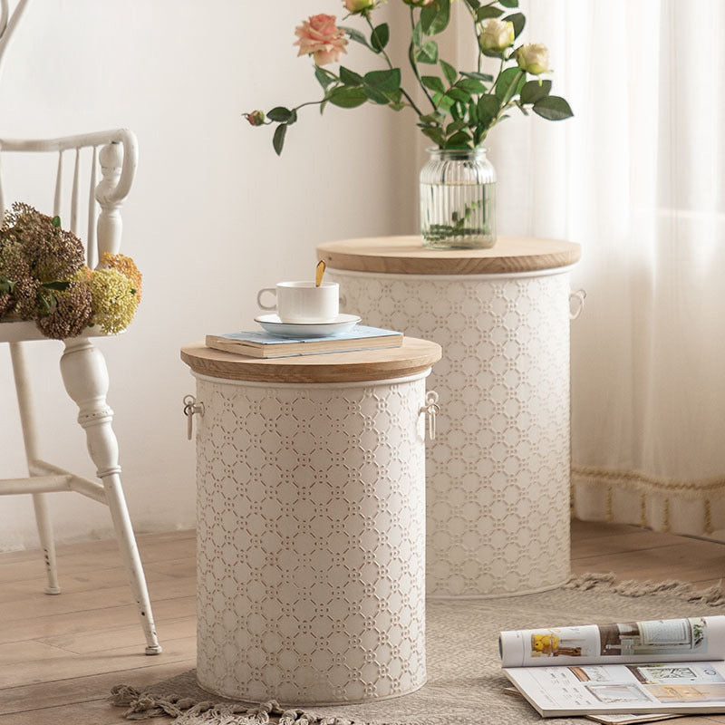 Contemporary Nordic Round Cylinder Iron Frame Pine End Table For Living Room