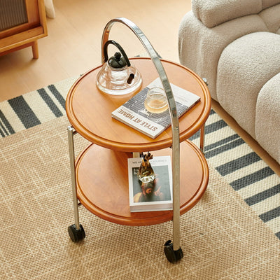 Zeitgenössischer Retro Abnehmbarer Faltbarer Runder Massivholz Edelstahlrahmen Beistelltisch 2-stöckig Für Wohnzimmer 