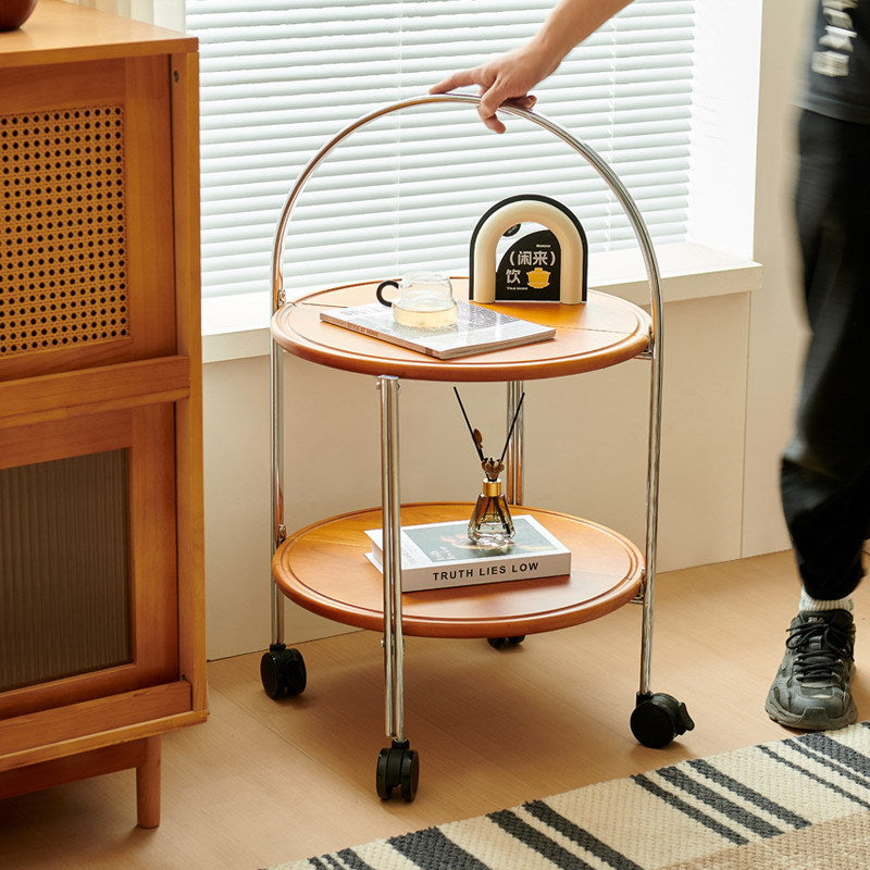 Zeitgenössischer Retro Abnehmbarer Faltbarer Runder Massivholz Edelstahlrahmen Beistelltisch 2-stöckig Für Wohnzimmer 