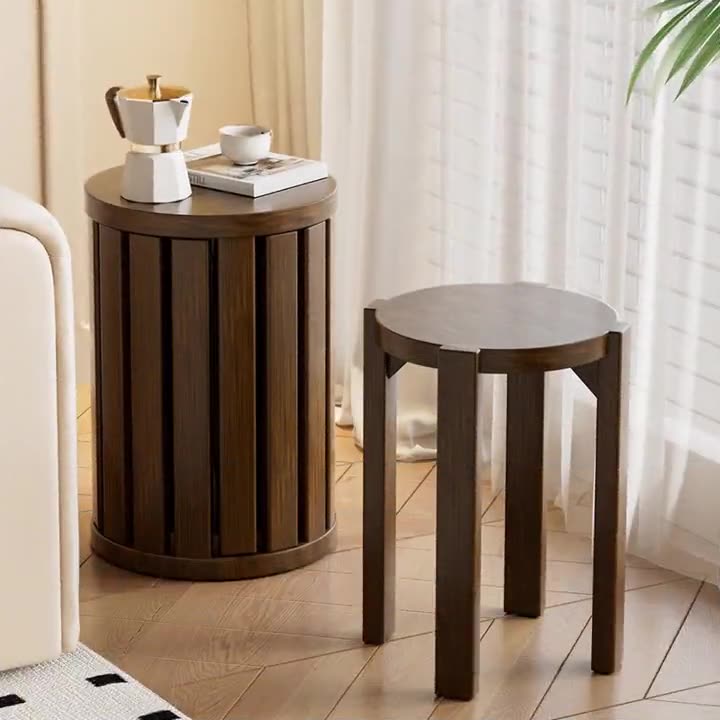 Moderno Taburete Combinado Multifuncional Minimalista Redondo de Madera de Caucho Mesa Auxiliar para Sala de Estar 
