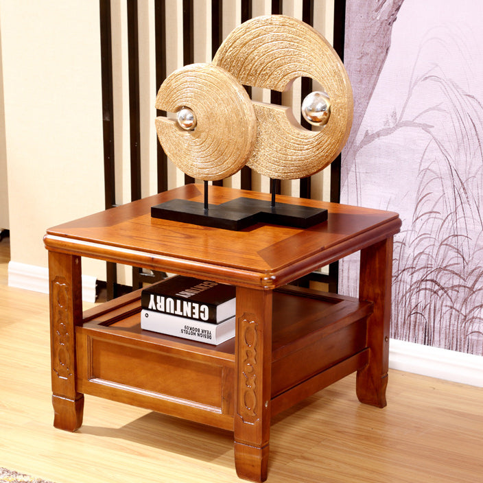 Traditional Chinese Antique Square Rubber Wood Solid Wood Side Table 2-Tier For Living Room