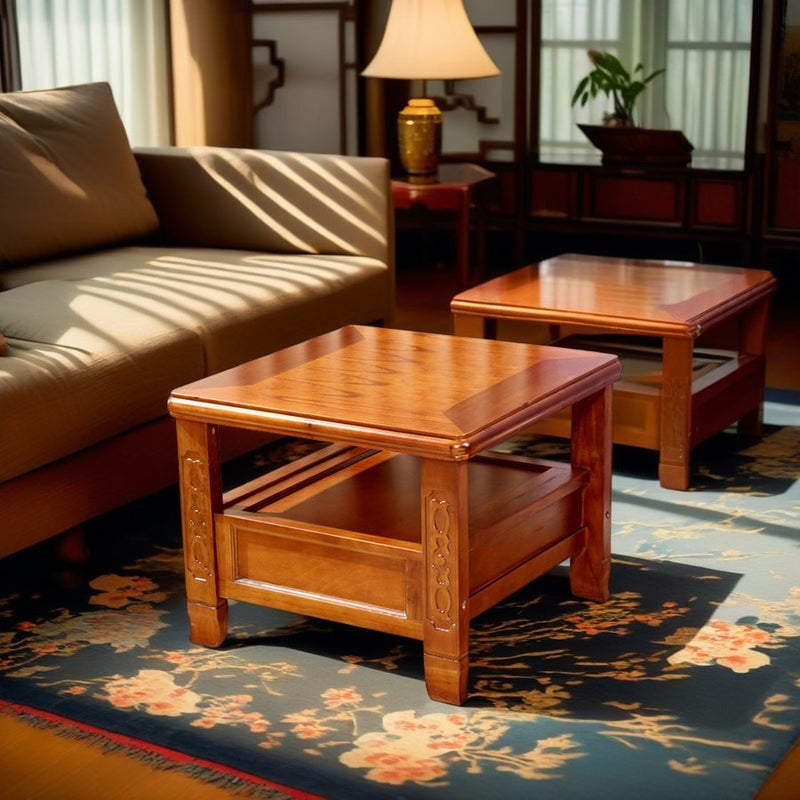 Traditional Chinese Antique Square Rubber Wood Solid Wood Side Table 2-Tier For Living Room